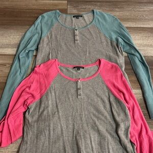 Staccato Women's Two-Tone Waffle Henley Top - Pink & Teal Sleeve Options